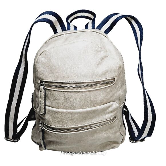 Faux Leather Gray Backpack Blue And White Belt Straps Travel Work Unisex READ - Picture 12 of 15